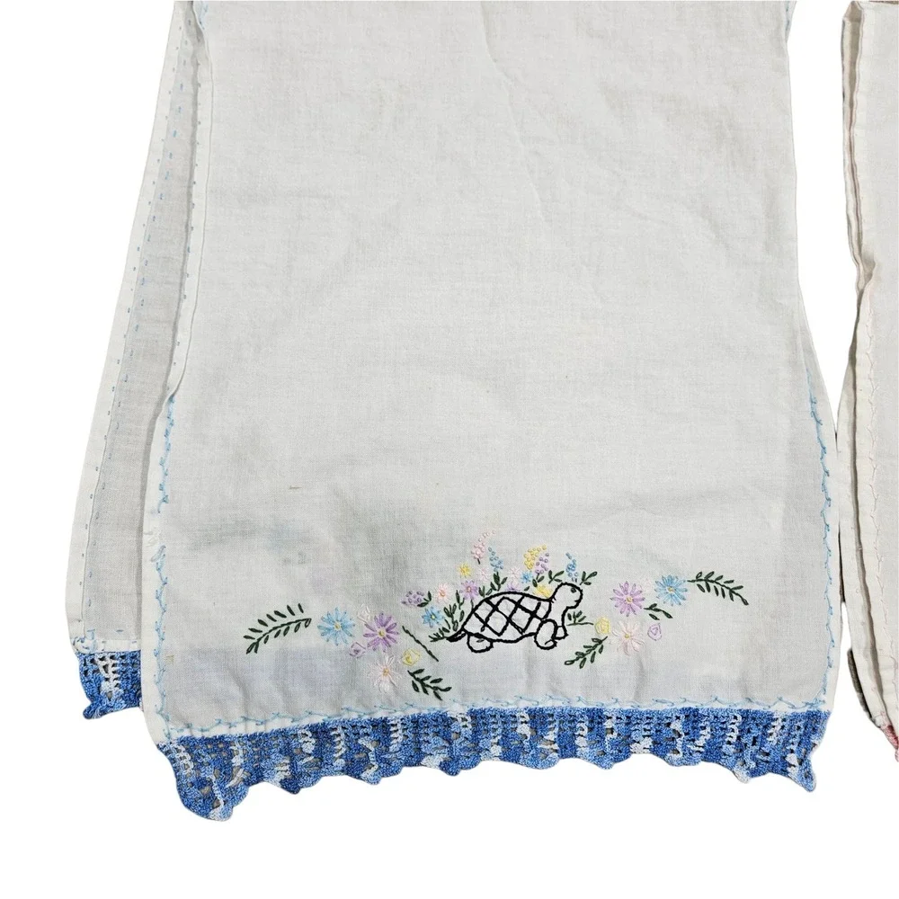Embroidered Cotton Hand Towels Set of 2 Turtle Humpty Dumpty Pink Blue Lace Trim